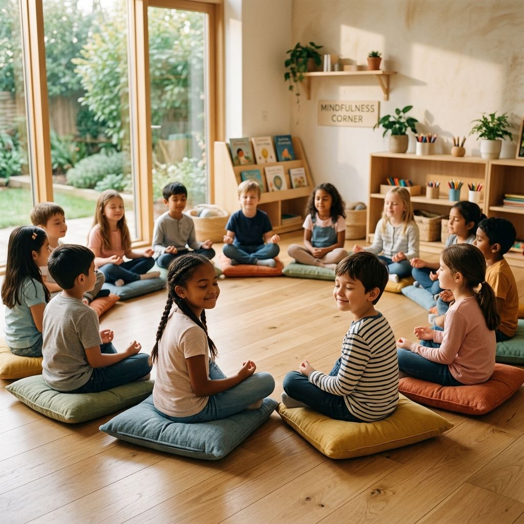 Niños practicando mindfulness y ajedrez en un ambiente feliz